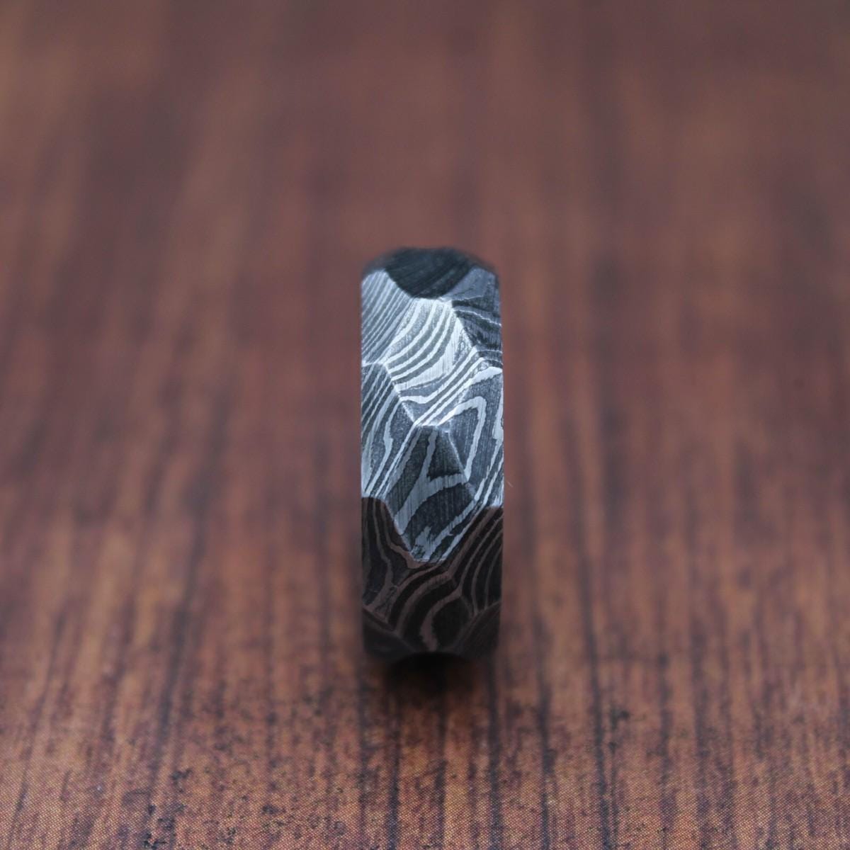 Damascus Whiskey Barrel Hammered Ring, Mens Damascus Steel Wood Wedding Band