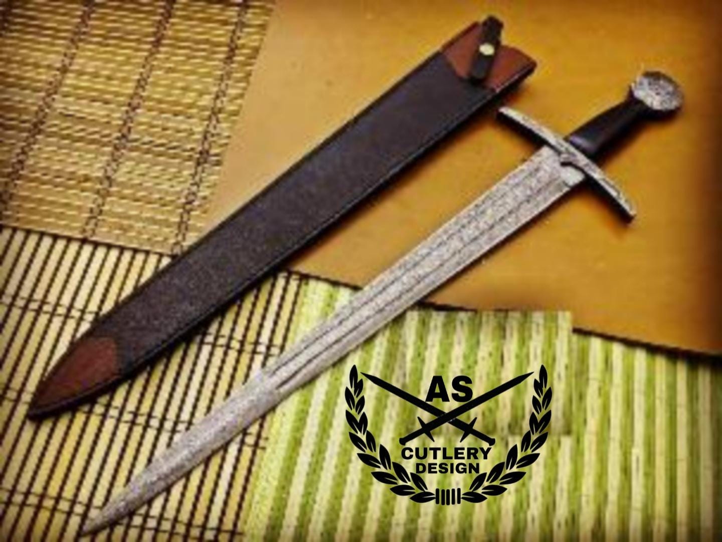 Bastard Sword / Longsword- High Carbon Damascus Steel Sword- 27" with leather sheath