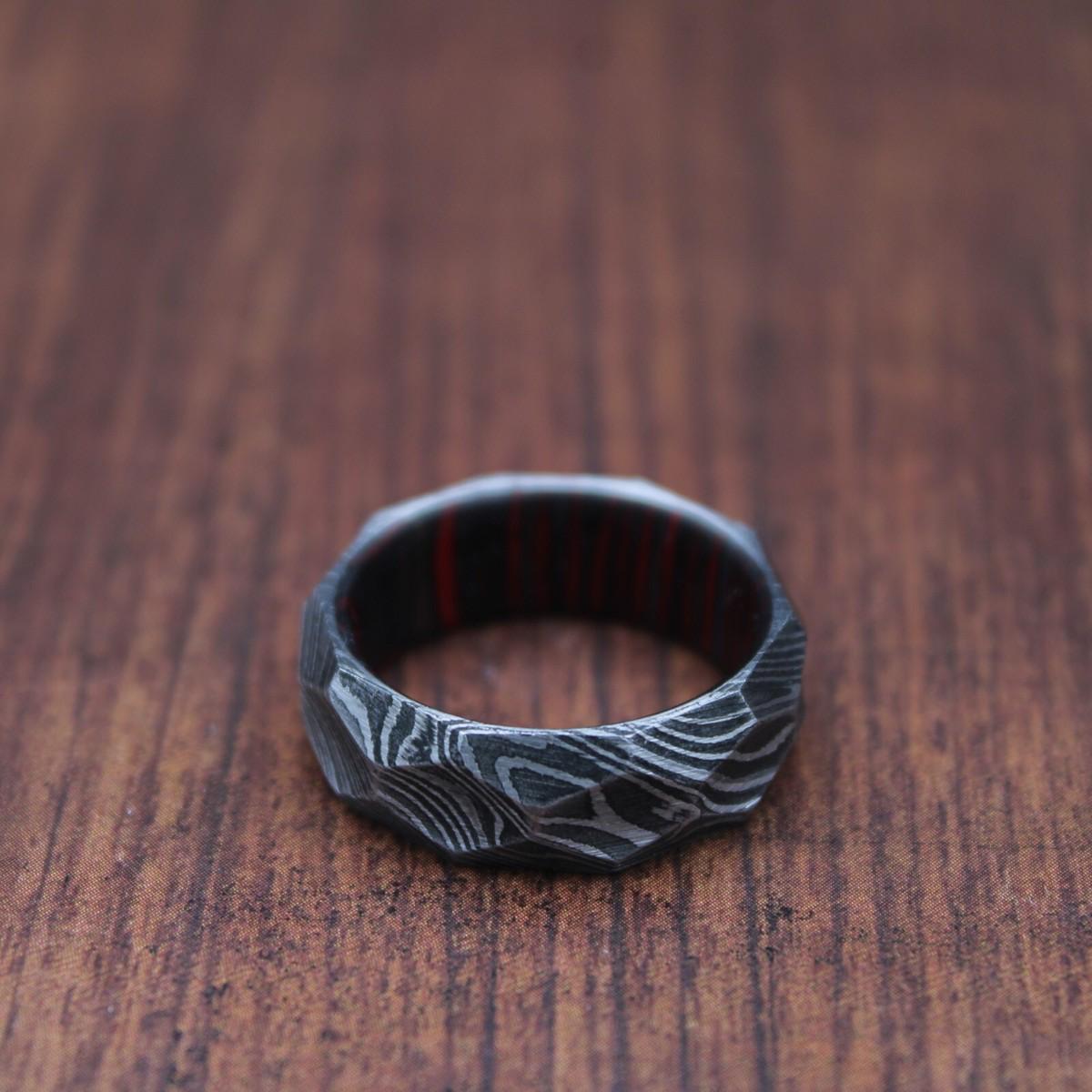 Damascus Whiskey Barrel Hammered Ring, Mens Damascus Steel Wood Wedding Band