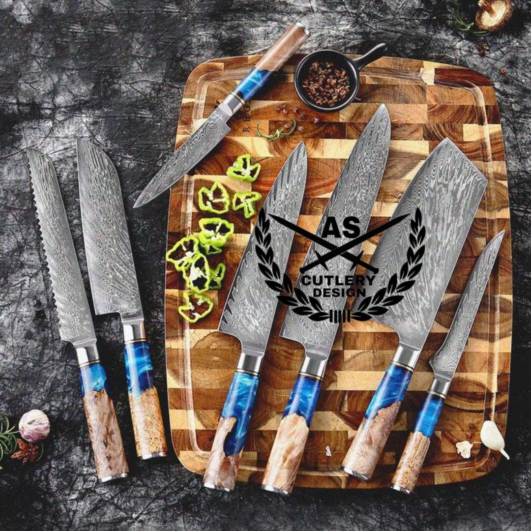 Custom handmade damascus kitchen knives set with leather bag