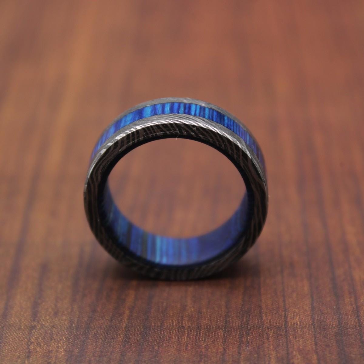 Damascus Steel & Wood Wedding Ring: Handmade Engagement Band