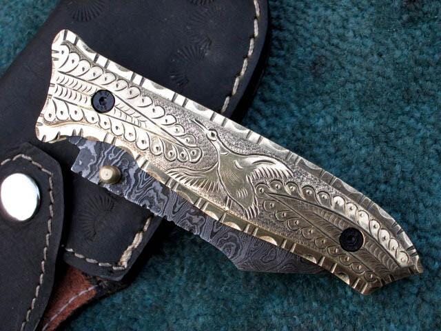 Handmade Damascus Folding Knife Custom Made Pocket Knife With Leather Sheath