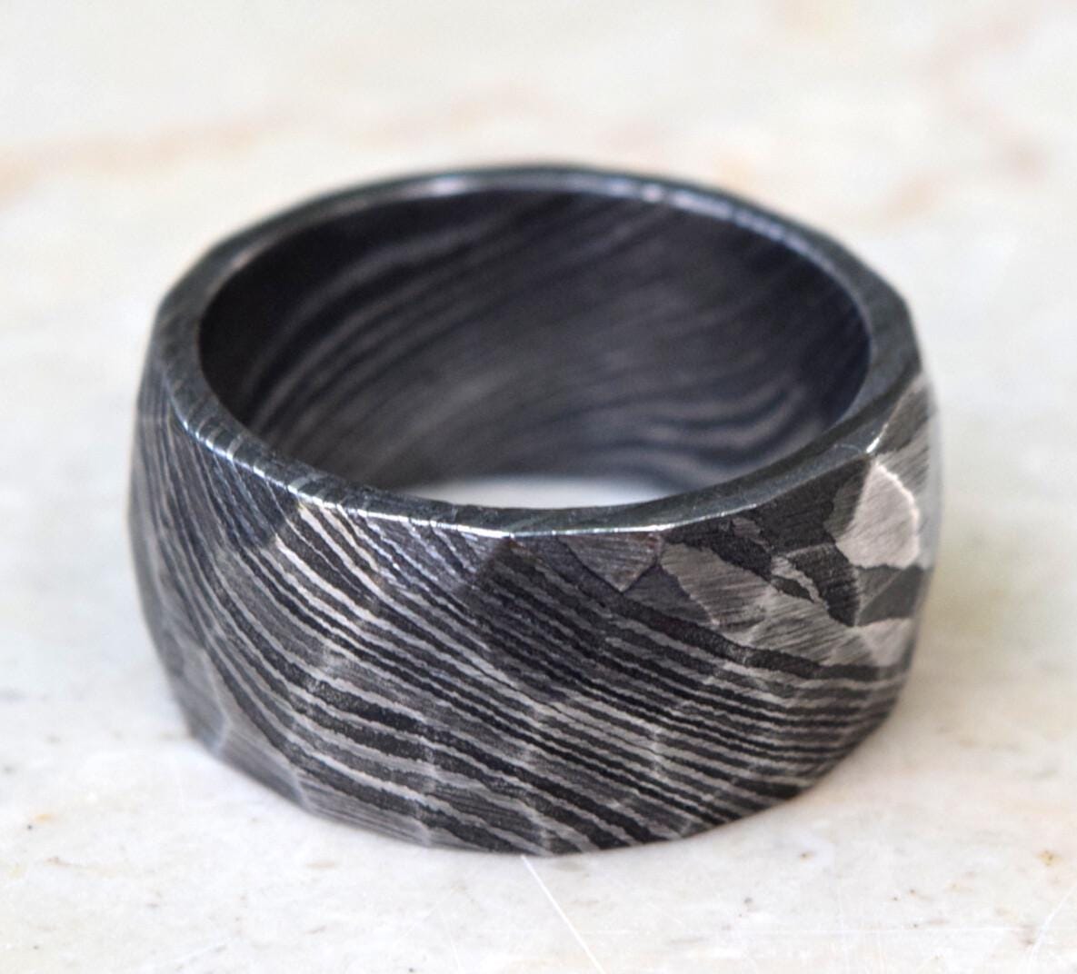 Hand Forged Damascus Steel Ring: 12mm Hammered Band, Mens Gift