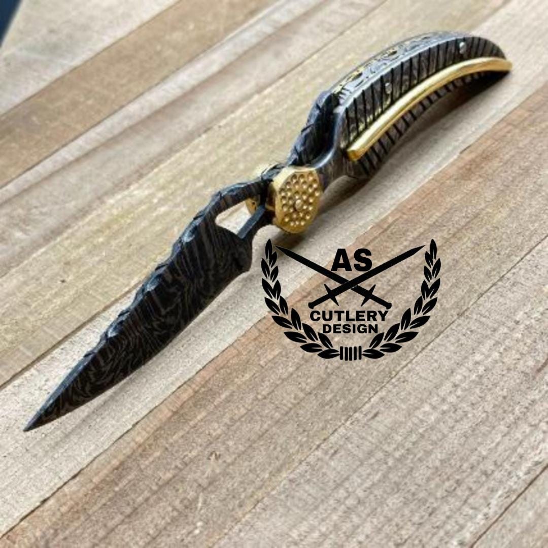 Handmade personlized damascus folding hunting knife with damascus handle