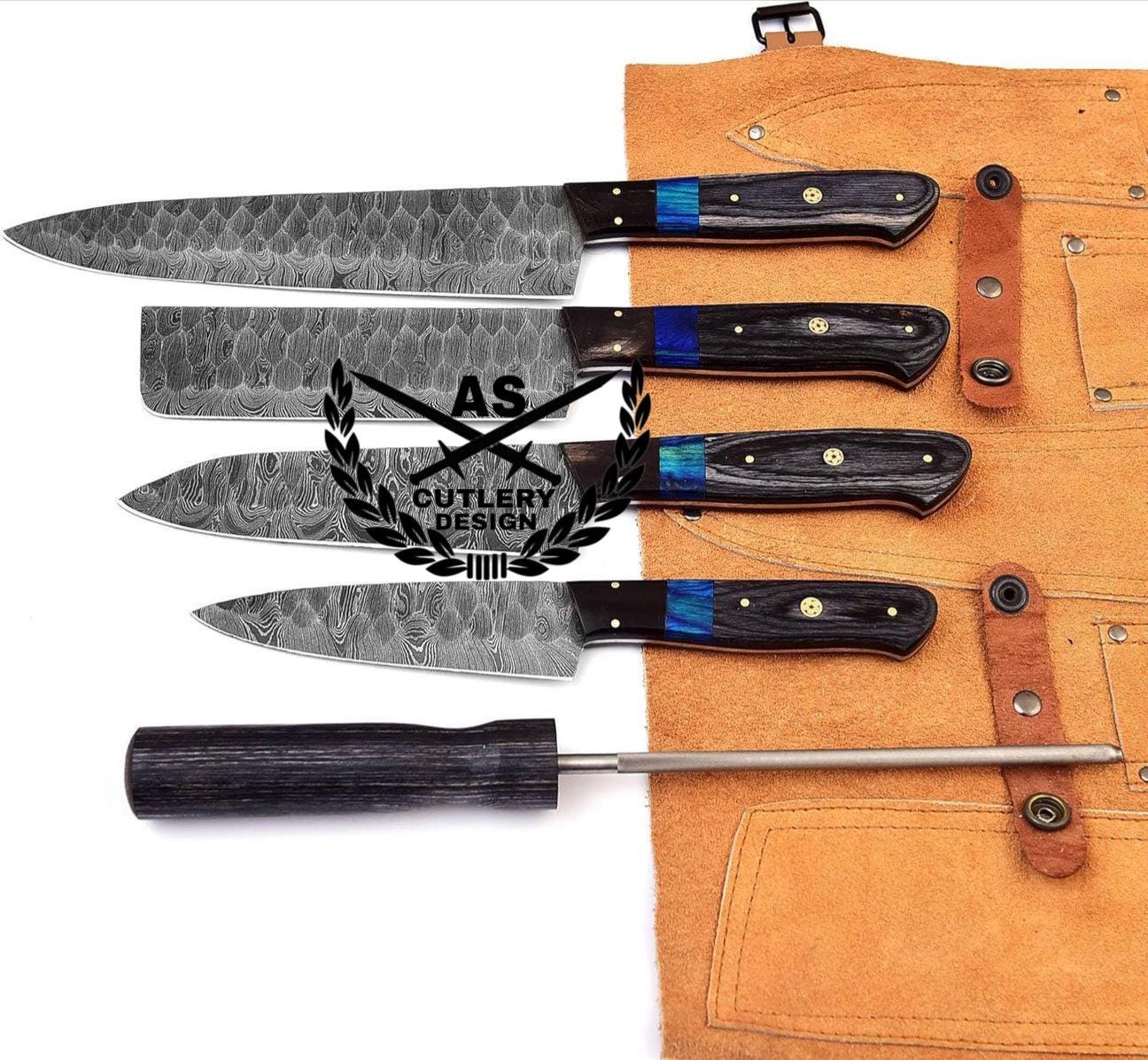 Custom Handmade Damascus Kitchen Knife Set with Sharpener