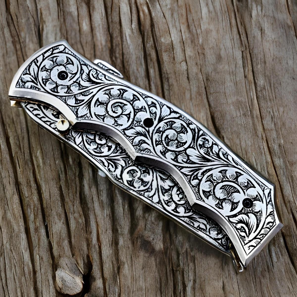 Custom Handmade Stainless Steel Folding Pocket Knife Hand Engraved With Sheath