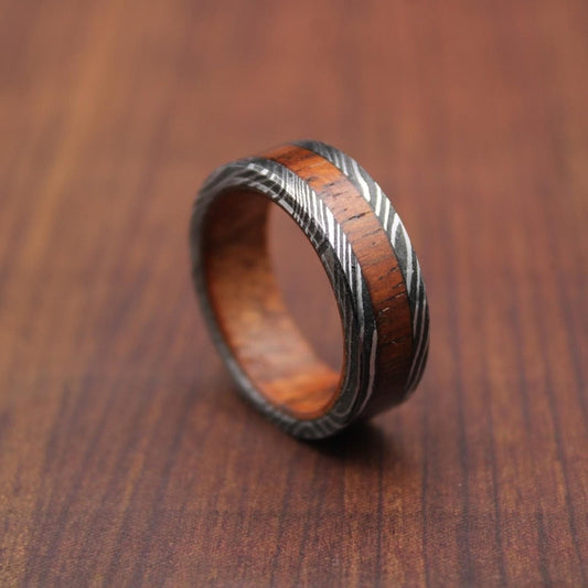 Damascus Steel Wedding Ring Whiskey Barrel & Blue Wood Inlay Men's Band