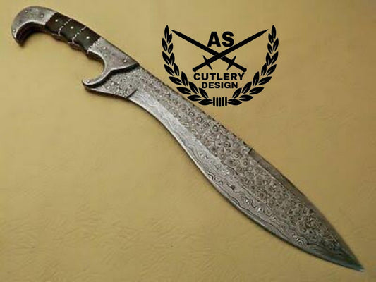 Kopis Sword- High Carbon Damascus Steel hunting Knife/ Sword- 15" With leather sheath