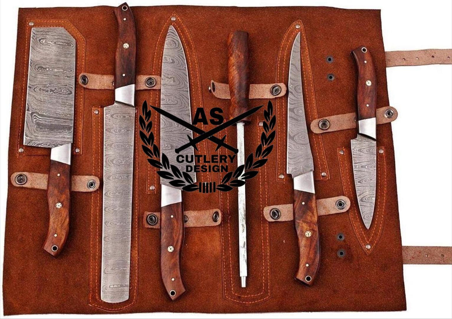 Custom made damascus steel kitchen/chef's knife set with leather roll bag