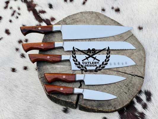 Elegant 5-Piece Stainless Steel Kitchen Knives Set in Rosewood - Handcrafted to Perfection