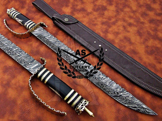 Custom Handmade Damascus Steel Sword & Leather Sheath” Buffalo Horn Handle