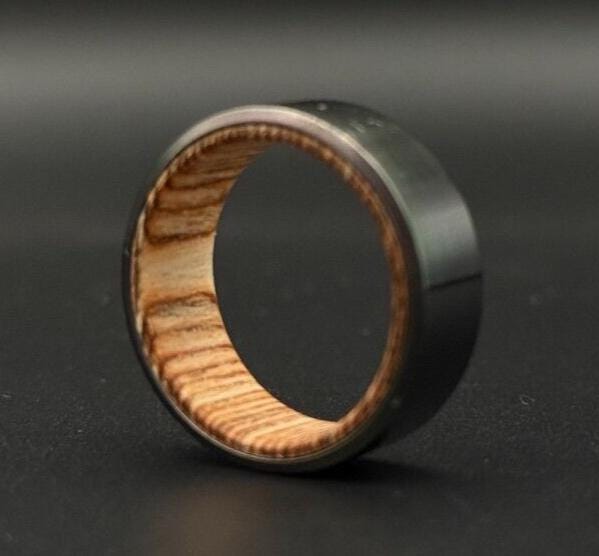Black Zirconium with Whiskey Barrel wood inlay Handmade Wedding Ring gift ring