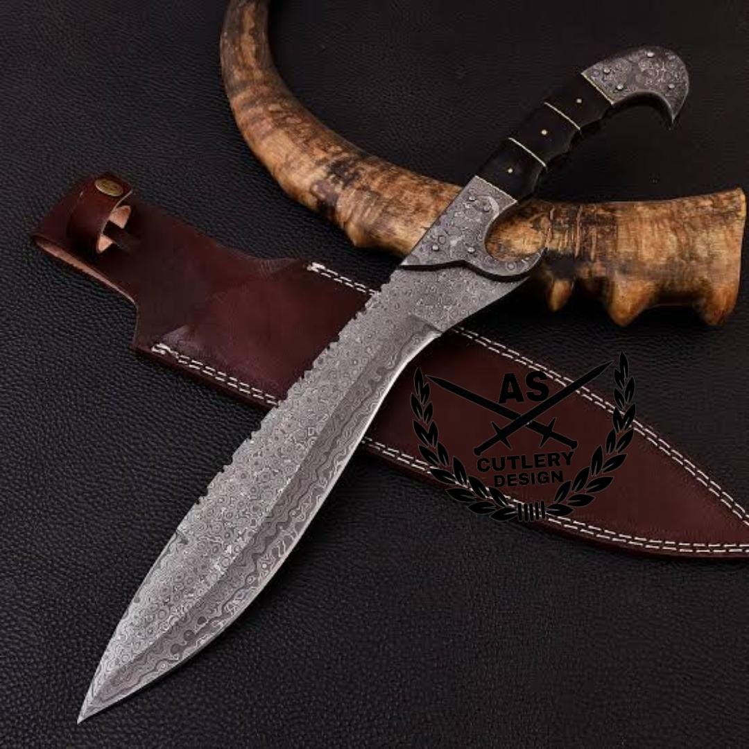 Kopis Sword- High Carbon Damascus Steel hunting Knife/ Sword- 15" With leather sheath