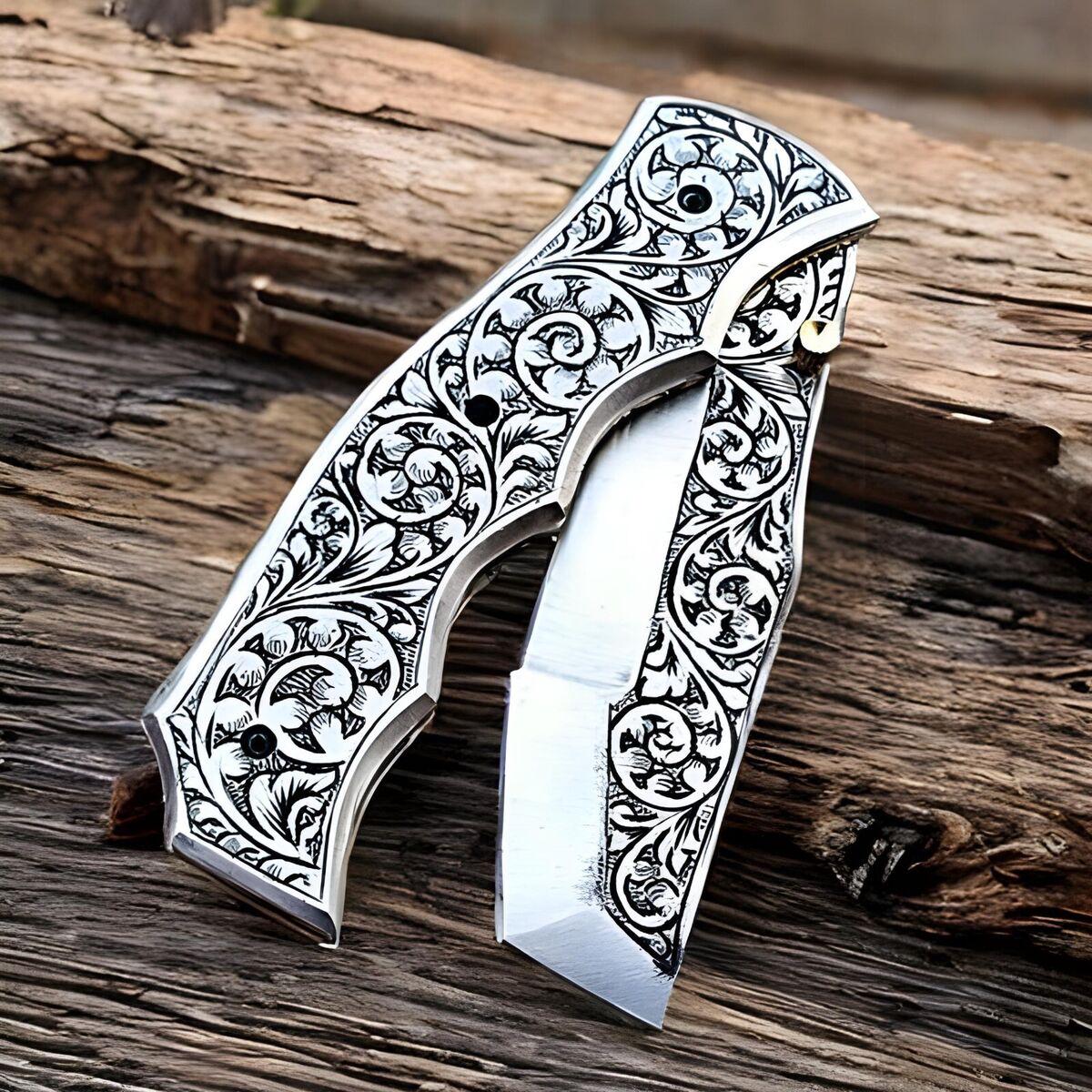 Custom Handmade Stainless Steel Folding Pocket Knife Hand Engraved With Sheath
