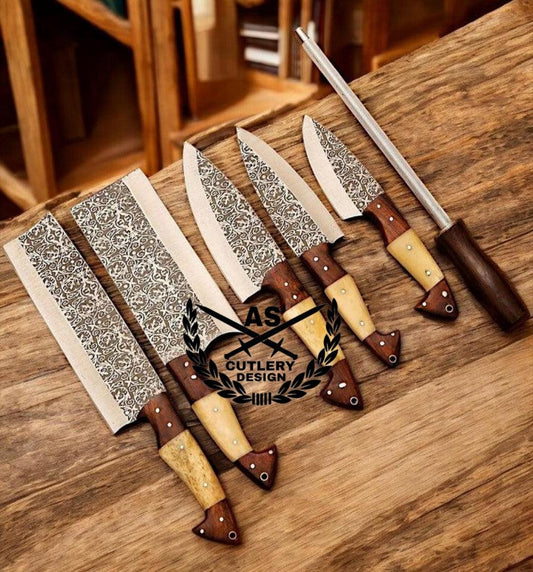 Custom Kitchen Knives Set - Engraved Steel Blades & Leather Roll