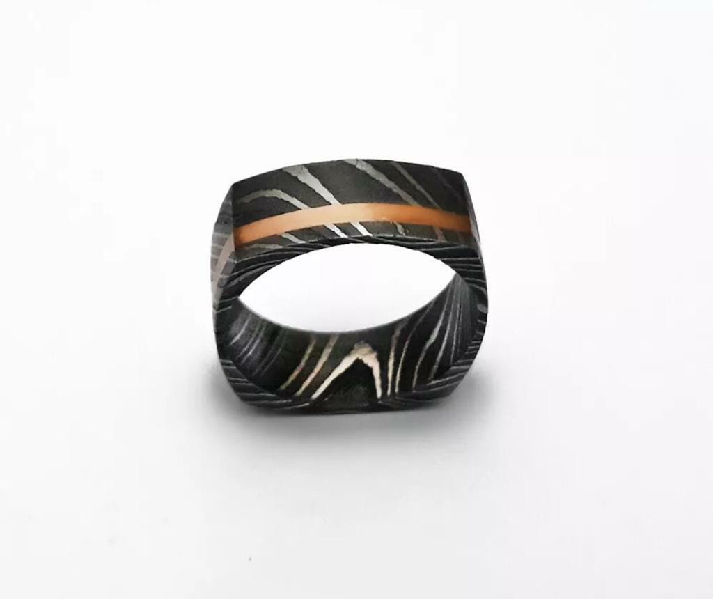 Handmade Damascus Steel Wedding Band: Iron Wood Inlay, Stainless Steel Sleeve