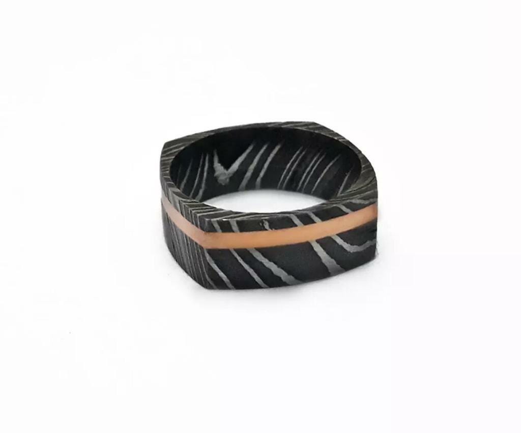 Handmade Damascus Steel Wedding Band: Iron Wood Inlay, Stainless Steel Sleeve