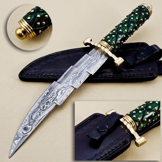 Luxury Handmade Damascus Steel Hunting Zigzager Knife with Leather Sheath