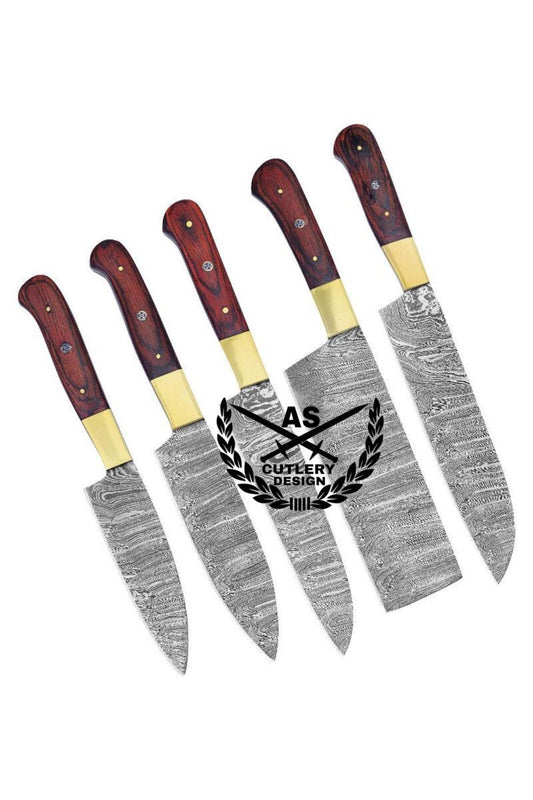 Damascus Steel Knife Set of 5 Custom Handmade Forged Chef Kitchen Regular Knife