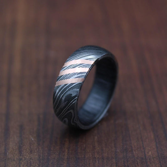 Handmade Damascus Steel Wedding Ring: Whiskey Barrel Wood Inlay