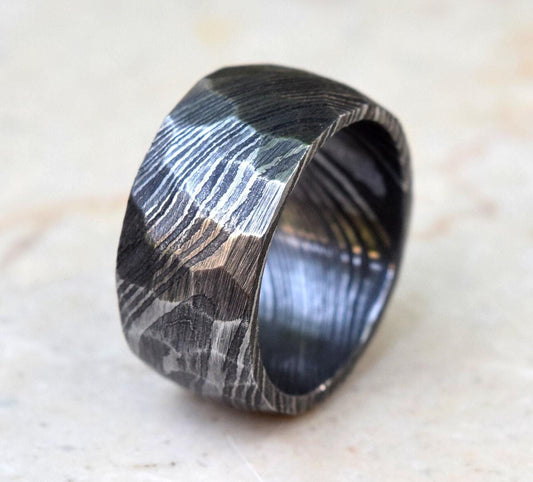 Hand Forged Damascus Steel Ring: 12mm Hammered Band, Mens Gift