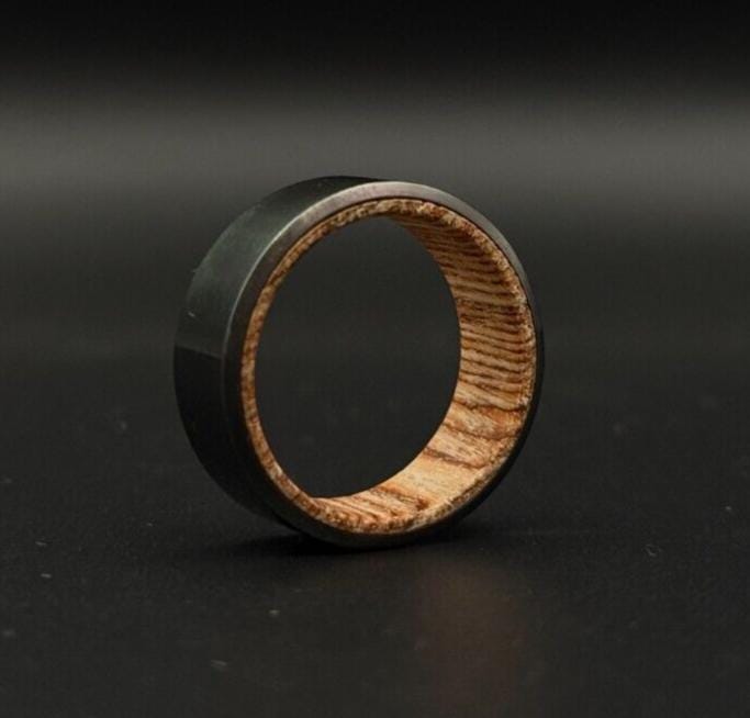 Black Zirconium with Whiskey Barrel wood inlay Handmade Wedding Ring gift ring