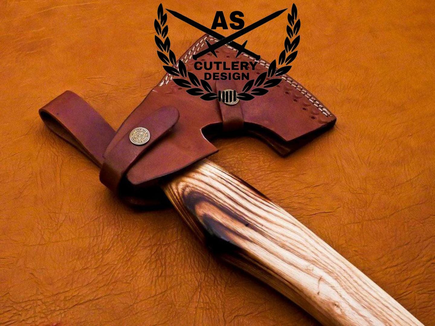Handmade Steel Carbon Steel Axe & Leather Sheath” Natural Rose Wood Handle