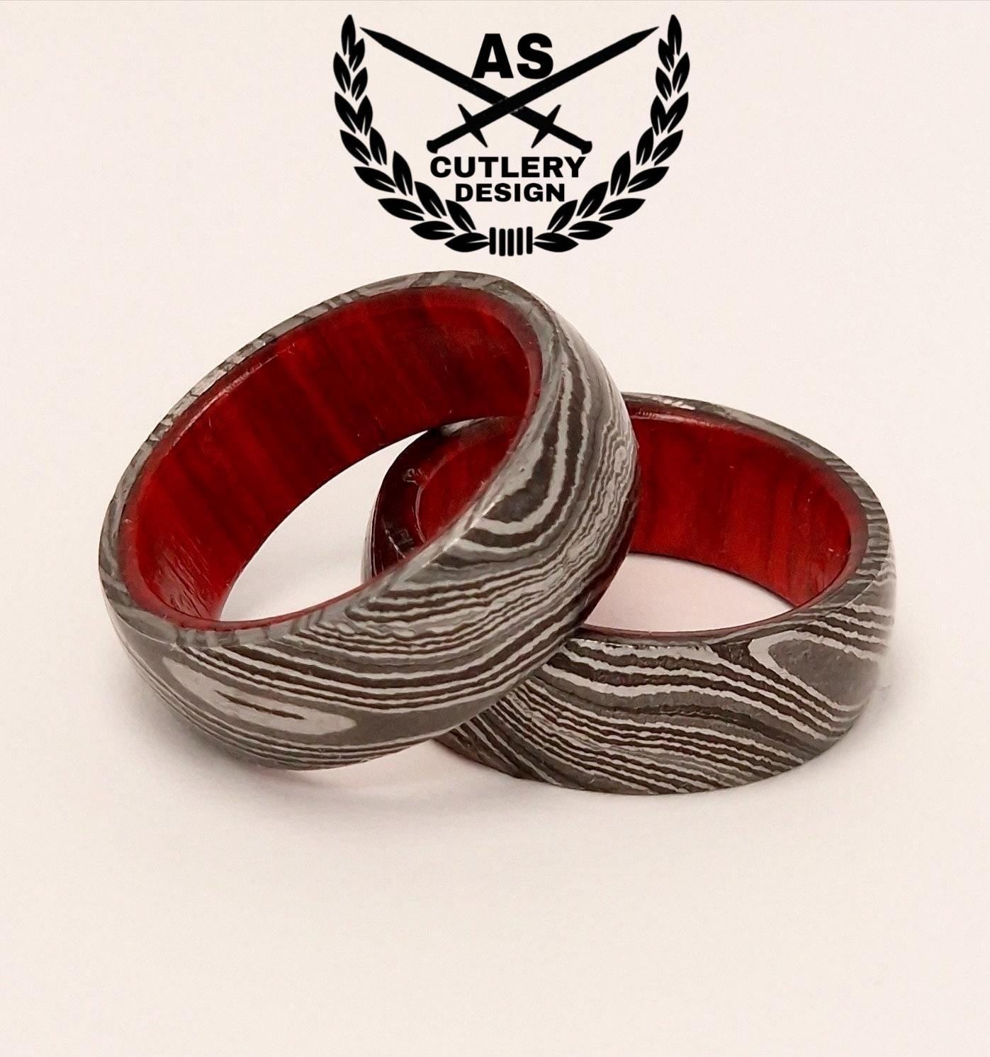 Molten Damascus Steel Wedding Ring Whiskey Barrel Band | Wood Inlay