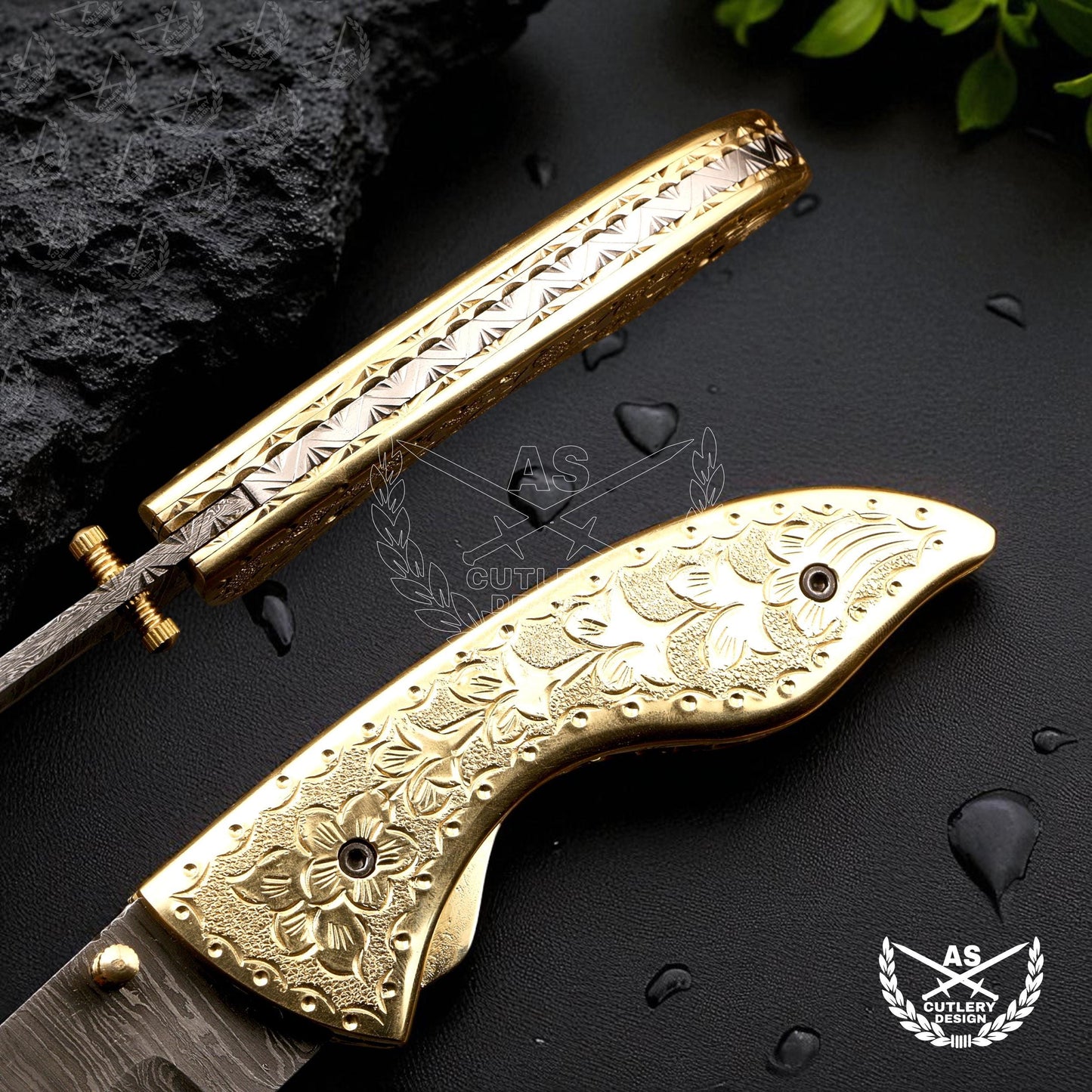 Custom handmade damascus pocket knife with engraved copper handle