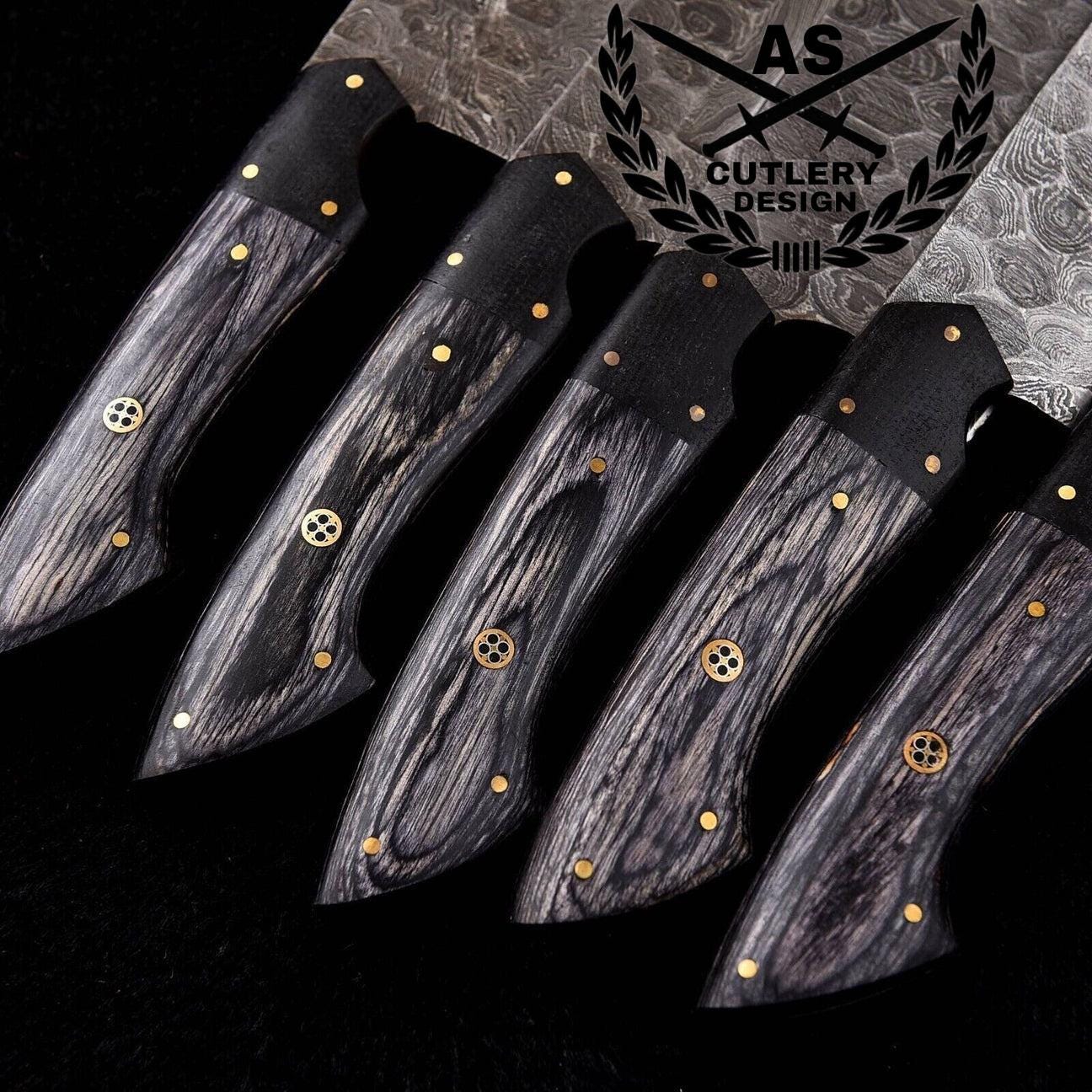Custom Handmade Damascus Knife Set with Leather Roll bag