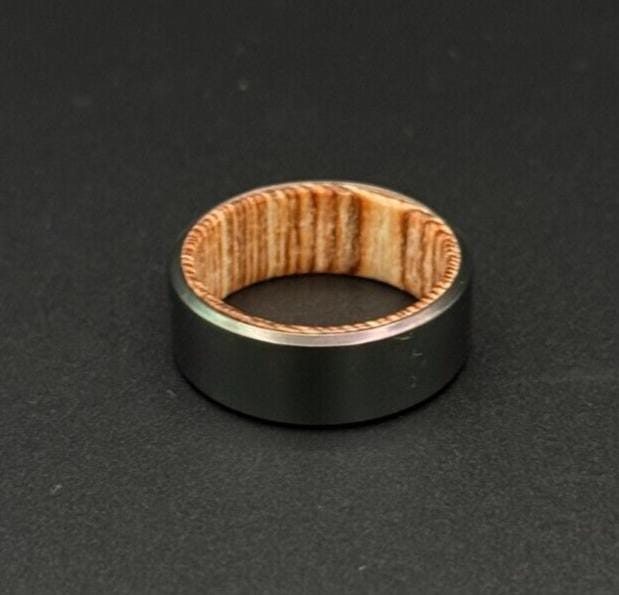 Black Zirconium with Whiskey Barrel wood inlay Handmade Wedding Ring gift ring