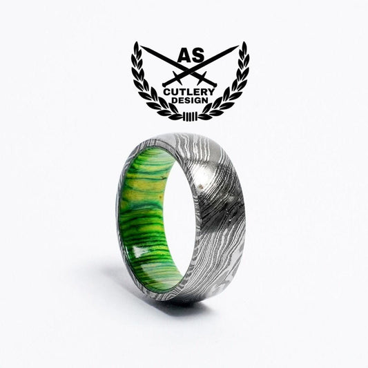 Forest Wood Damascus Steel Wedding Ring Band with Whiskey Barrel Green Wood Inlay