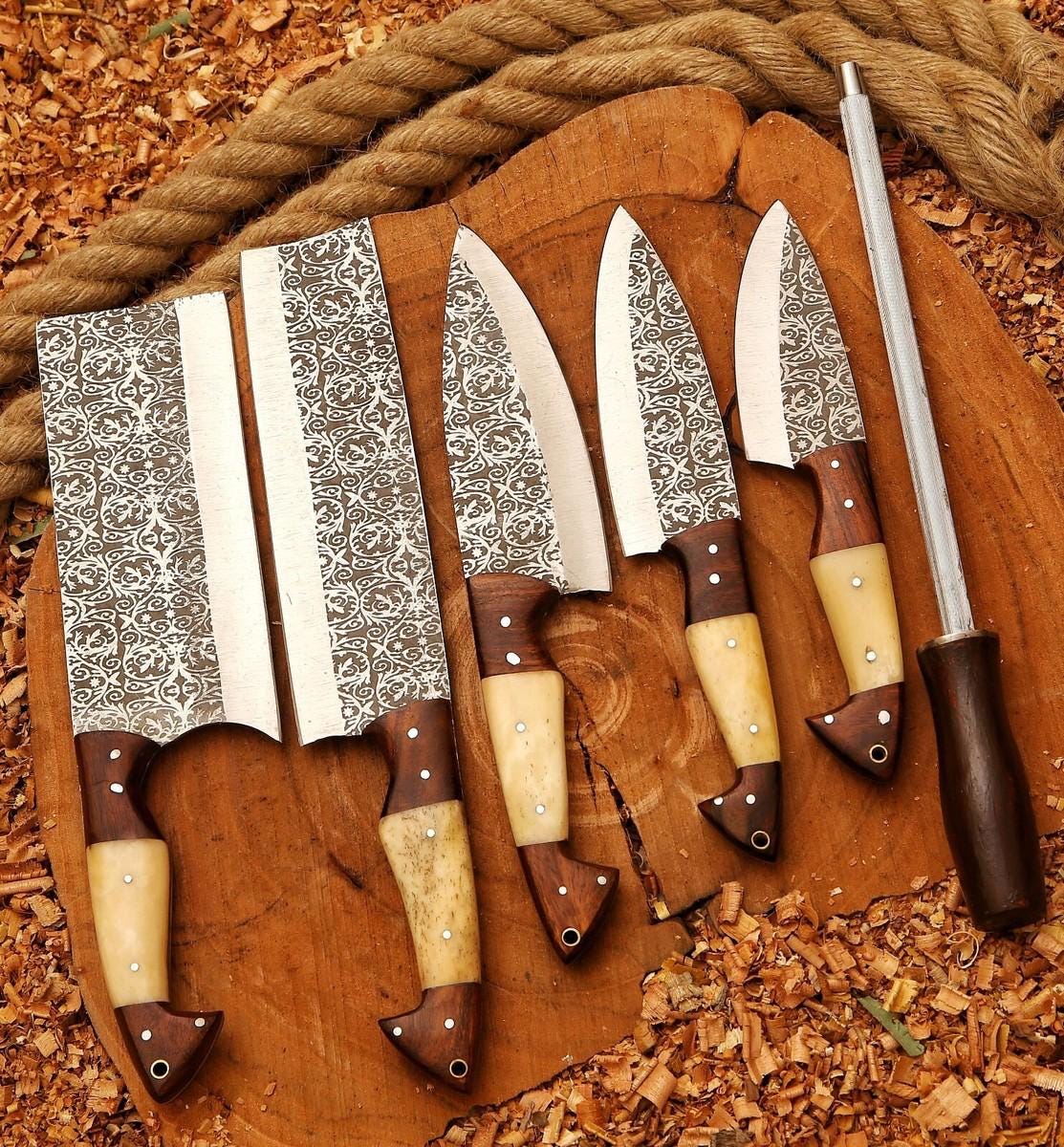 Handmade Etched Stainless Steel Chef Knife Set: Bone Handle, Leather Sheath