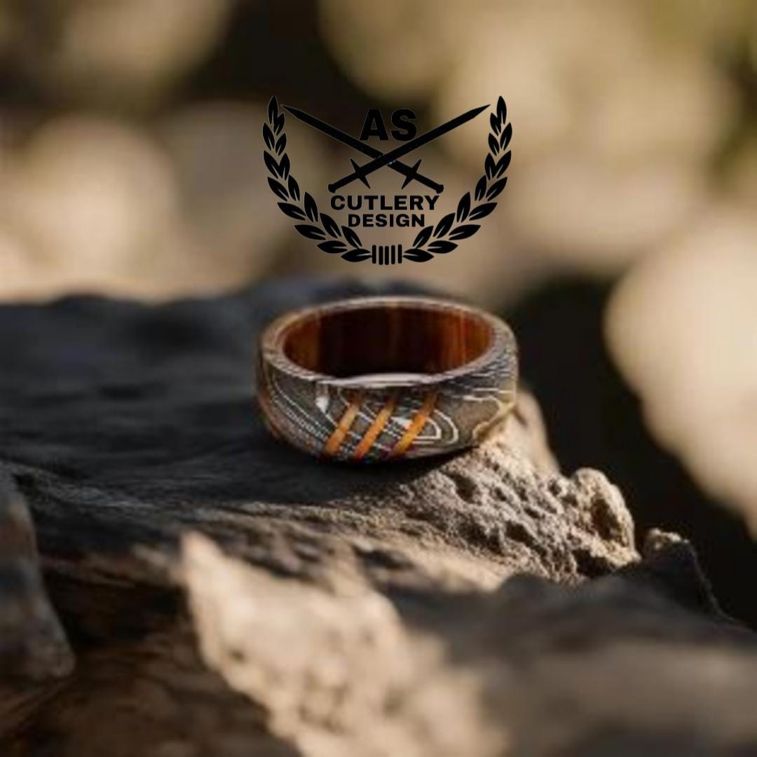 Titan damascus steel wedding ring band with wood Inlay