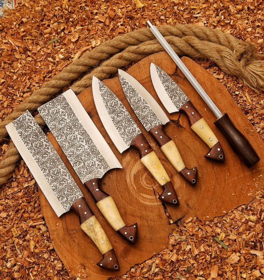 Handmade Etched Stainless Steel Chef Knife Set: Bone Handle, Leather Sheath