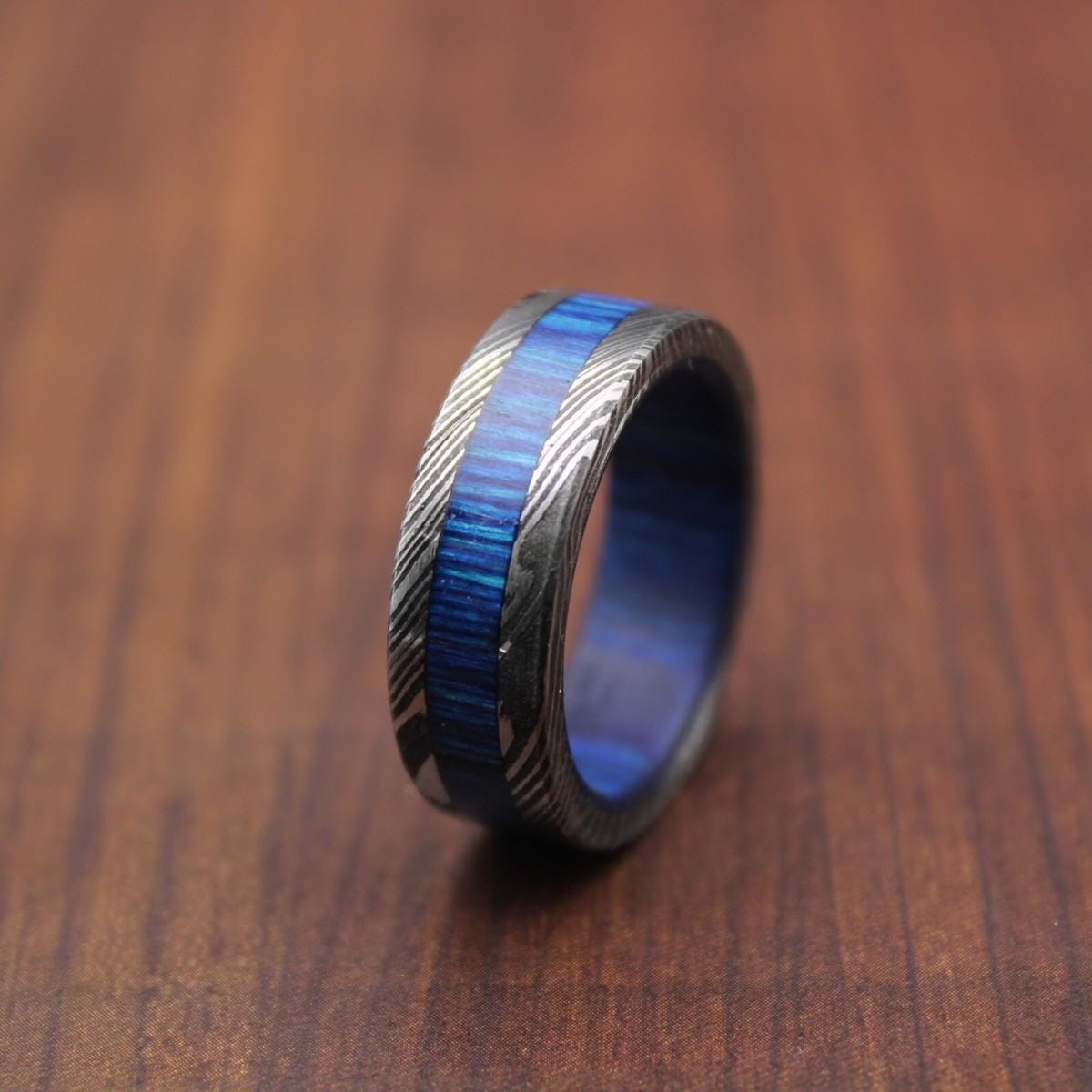 Damascus Steel & Wood Wedding Ring: Handmade Engagement Band