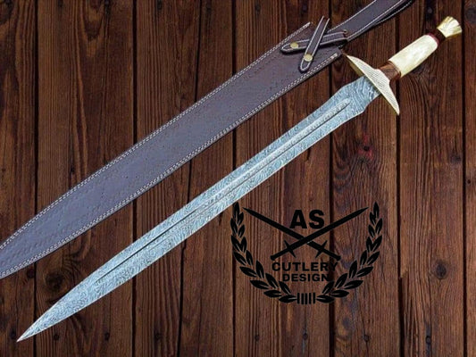 Custom handmade damascus steel sword 36”with leather sheath