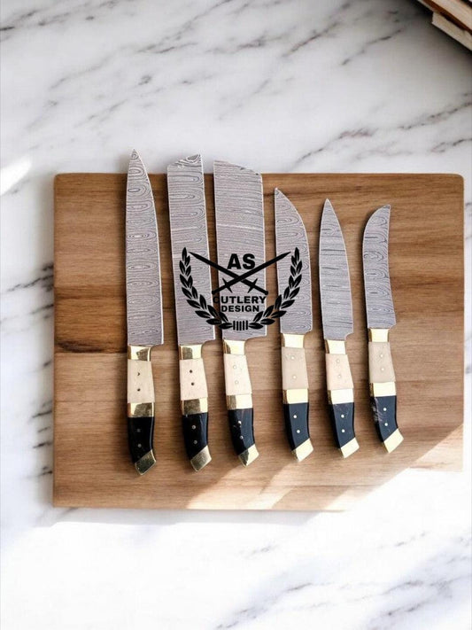 Custom Handmade Damascus Chef Knife Set with Bone Handles