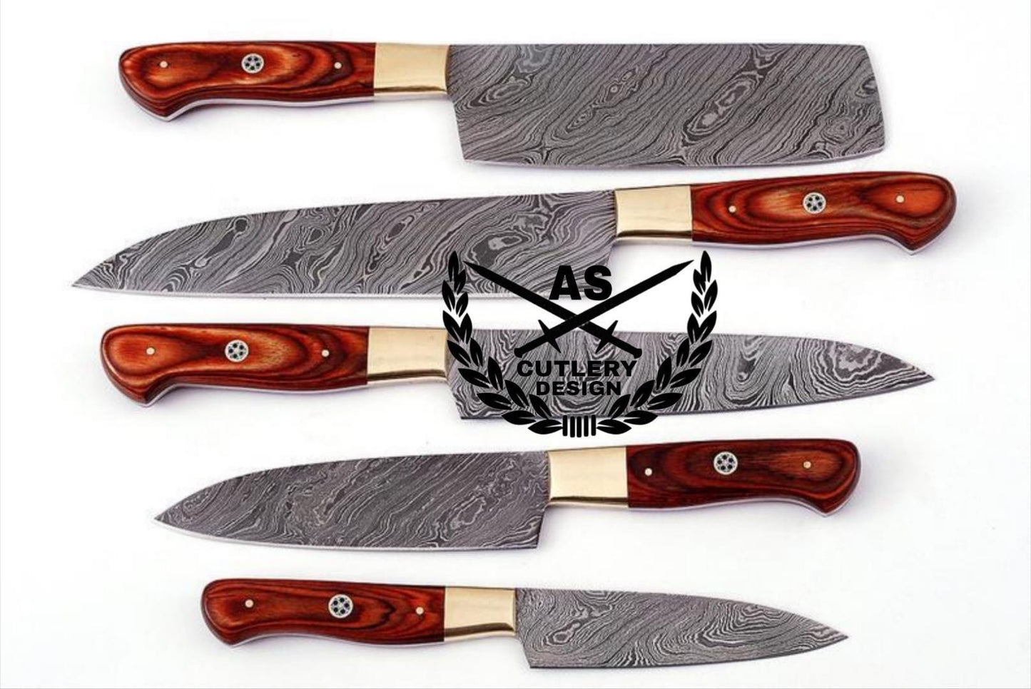 Custom handmade damascus kitchen knives set 5” with leather bag