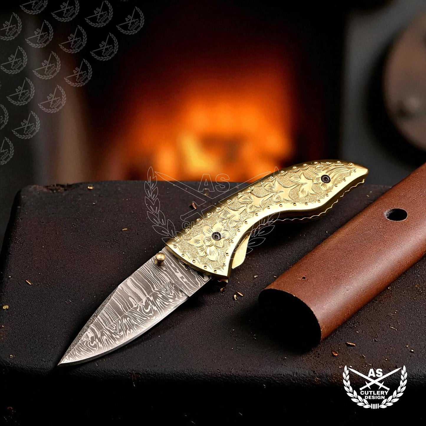 Custom handmade damascus pocket knife with engraved copper handle