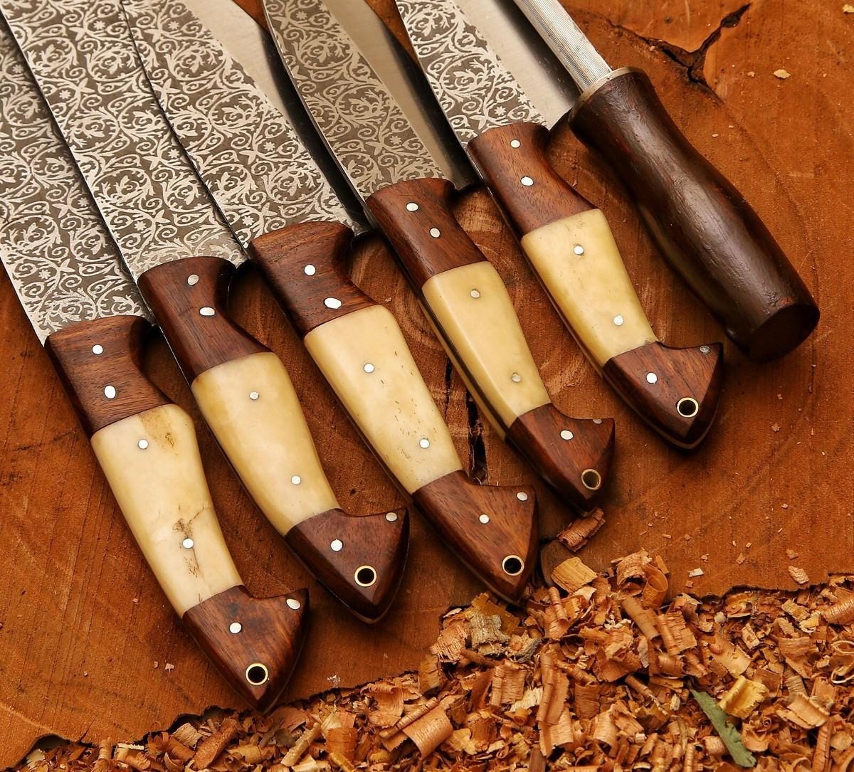 Handmade Etched Stainless Steel Chef Knife Set: Bone Handle, Leather Sheath