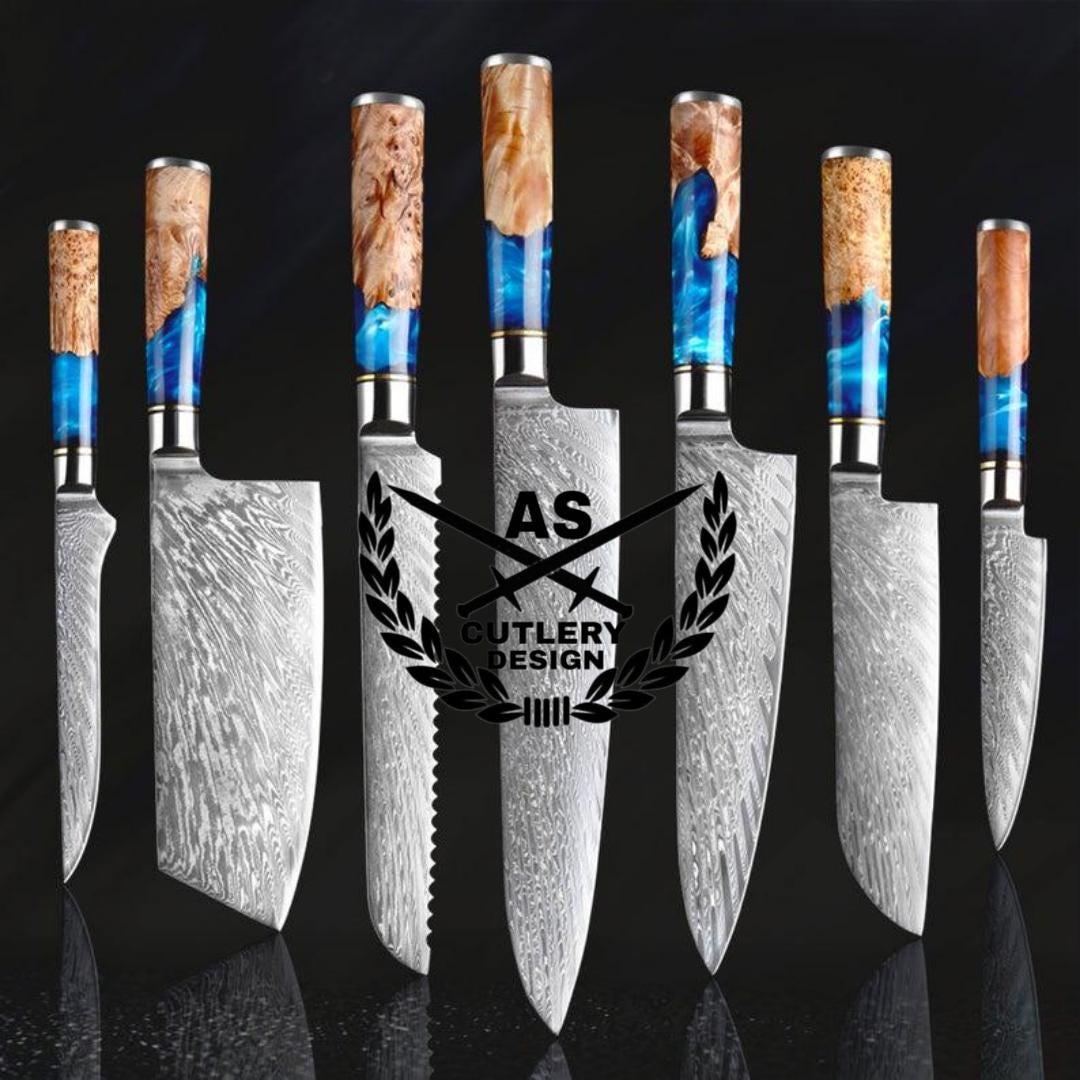 Custom handmade damascus kitchen knives set with leather bag