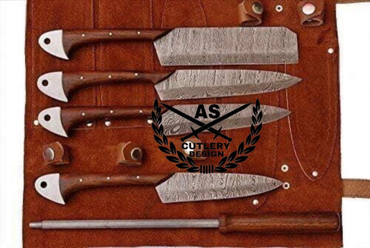 Custom made Damascus steel kitchen/chef's knife set with leather roll bag