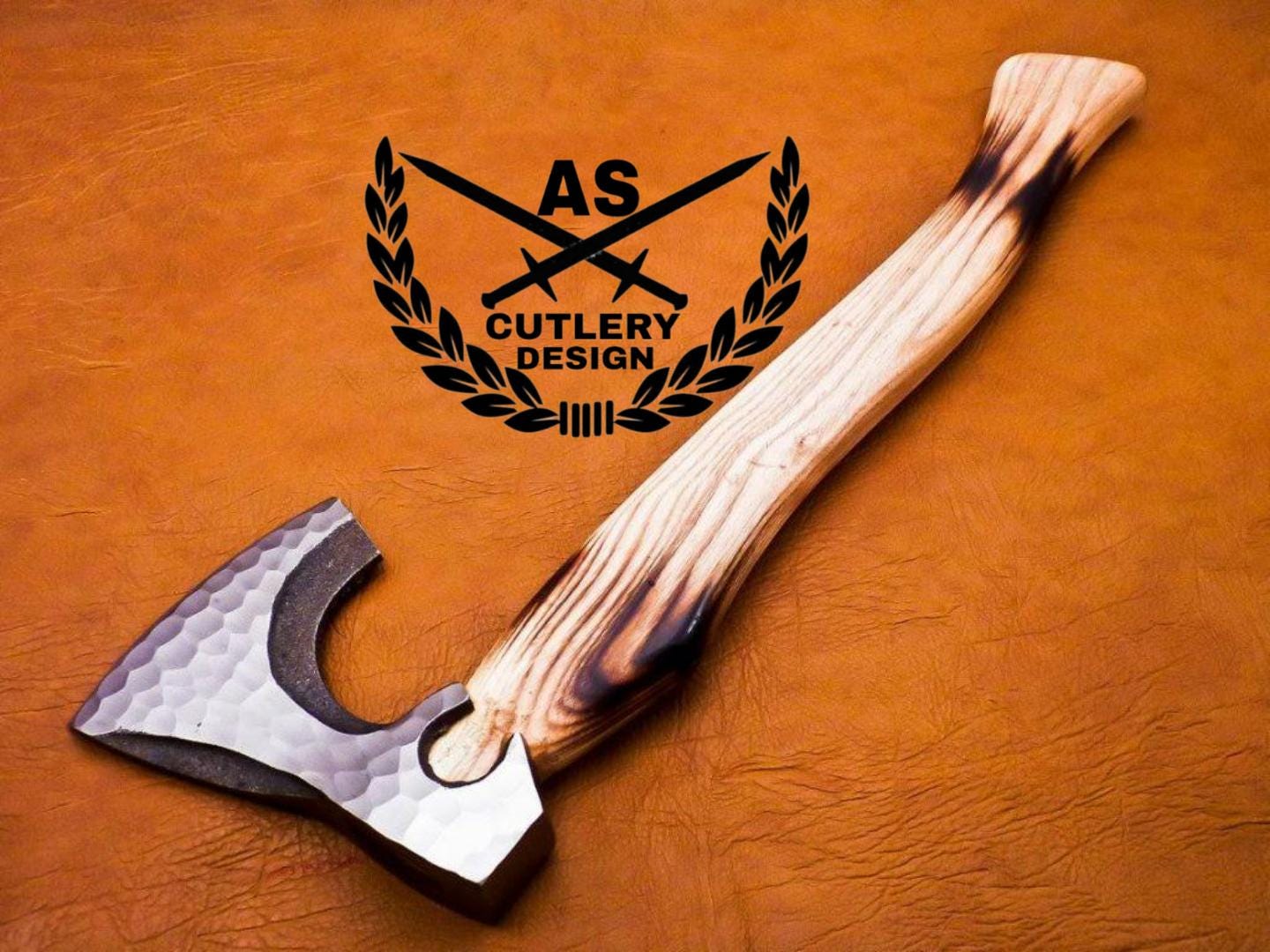 Handmade Steel Carbon Steel Axe & Leather Sheath” Natural Rose Wood Handle