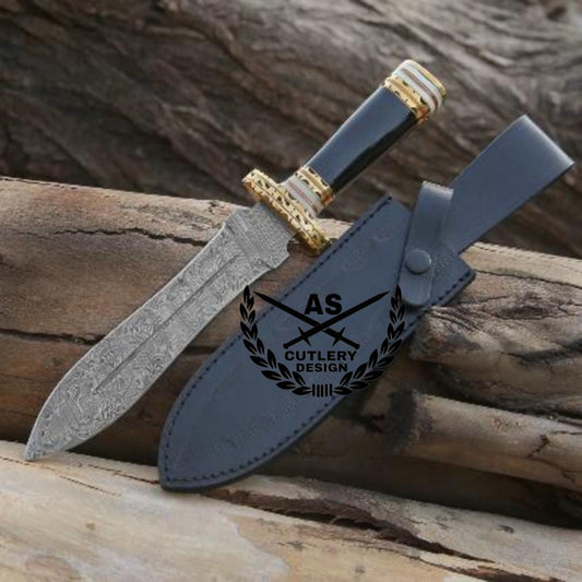 Fear damascus fixed blade hunting knife with bull horn & brass handle
