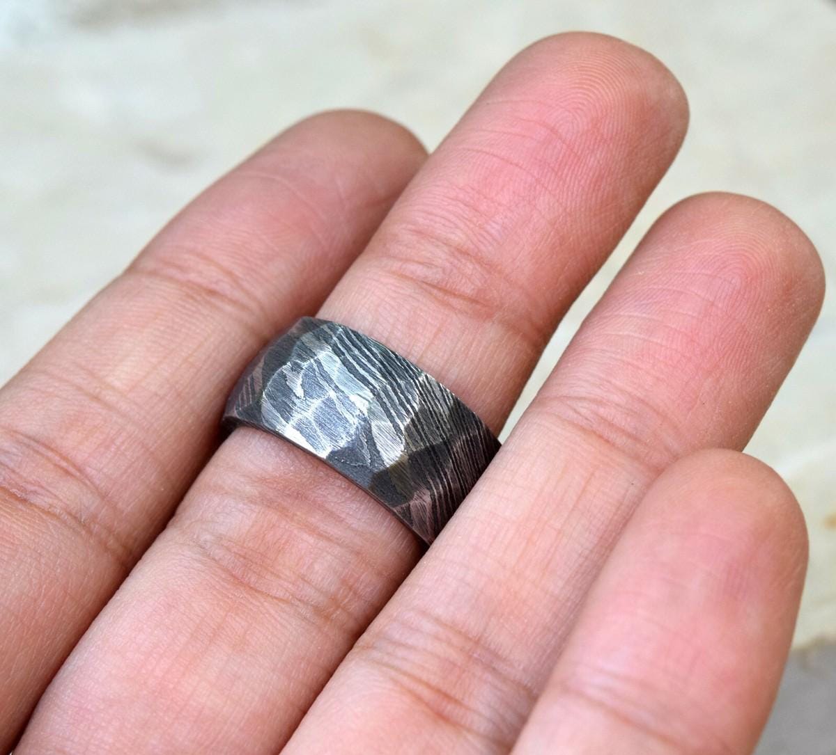 Hand Forged Damascus Steel Ring: 12mm Hammered Band, Mens Gift