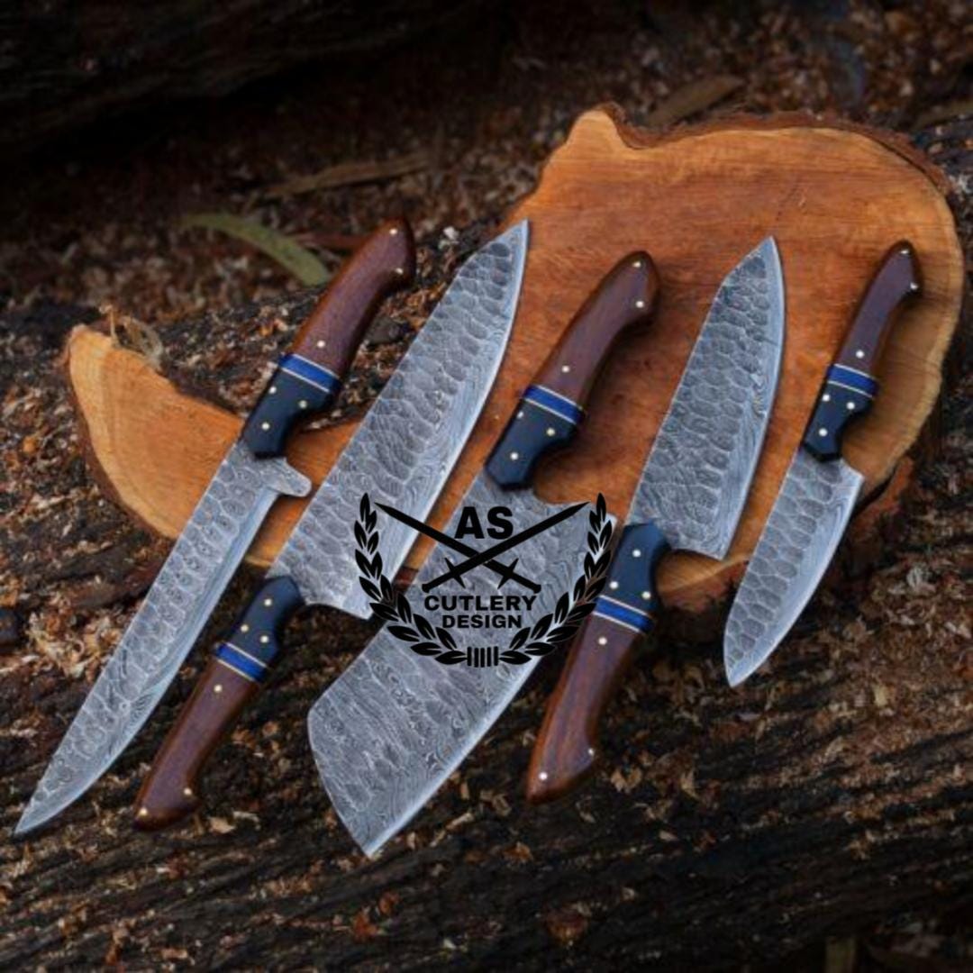 Custom Handmade Damascus Steel Knife Set with Rosewood