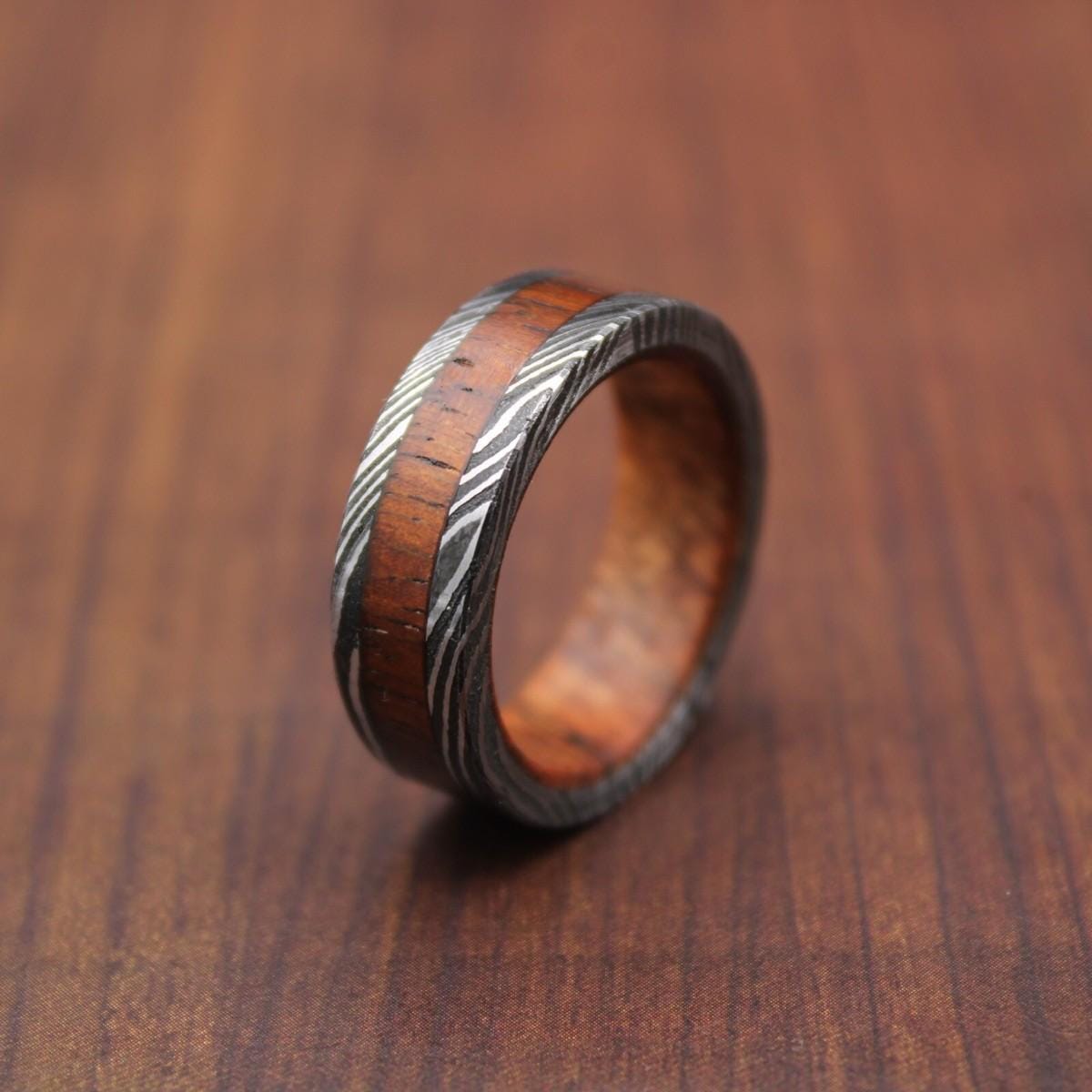 Damascus Steel Wedding Ring Whiskey Barrel & Blue Wood Inlay Men's Band
