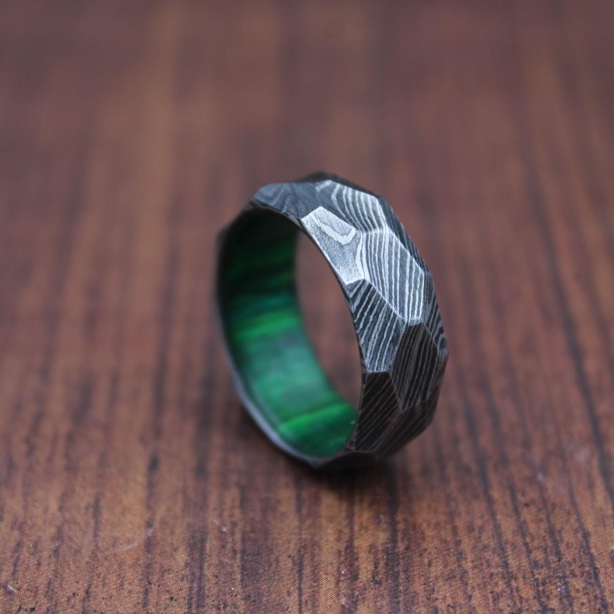 Damascus Steel & Whiskey Barrel Wood Ring - Hammered Wedding Band
