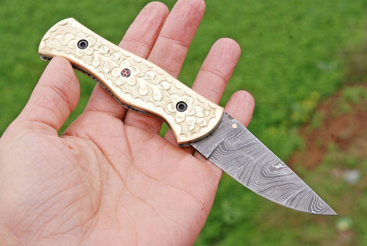 Hand forged damascus steel foldinh Pocket knife W/BRASS Engraved handle